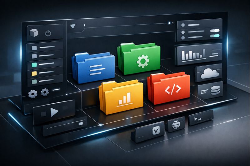 PROMPT VVV (MODULES) — Contexte: section 'modules dossiers'. Visuel: composition high-tech minimal qui évoque un explorateur de fichiers stylisé + dossiers modulaires comme des blocs, icônes abstraites, séparations nettes, lumière néon discrète. Sensation: 'artisan + premium', 'lisible', 'modulaire'. Contraintes: pas de texte lisible, pas de logos, pas de marques. Format: 16:11 (ou 4:3).